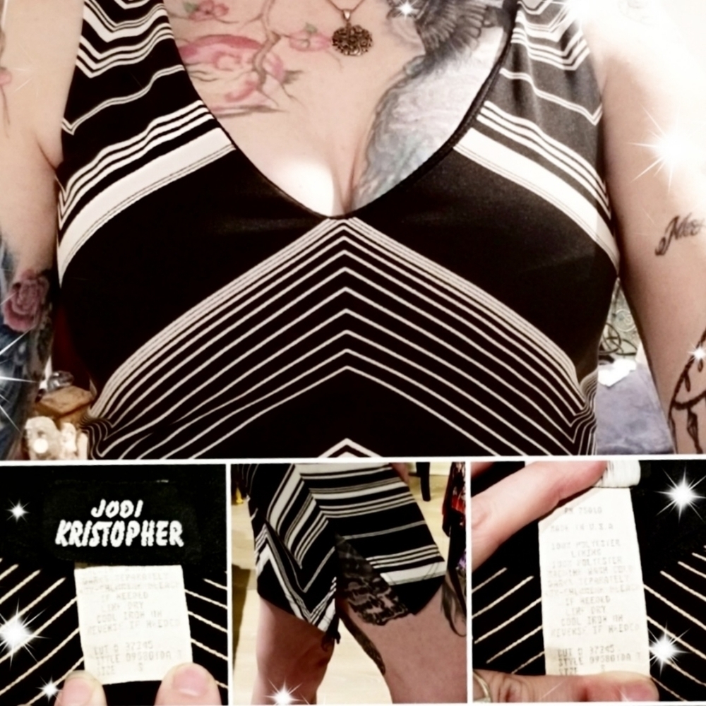 Jodi Kristopher ✦ Mini Dress ✦ Black White Retro Zigzag Plunge Side Slit Fitted - Picture 6 of 8